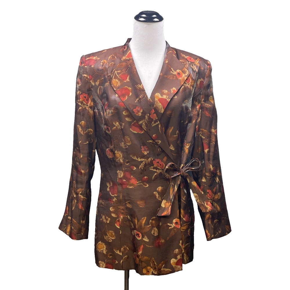 Vtg 90s Le Suit Womens Blazer Size 14 Brown Floral Tie Waist Jacket Career Lined